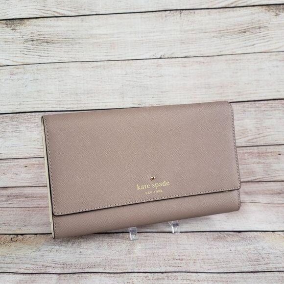 Kate Spade Leather Saffiano Phoenix Mikas Pond Tri-Fold Wallet Color Porcini - Picture 4 of 16